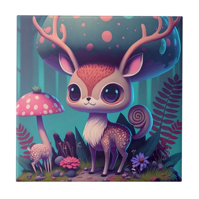Carreau Art Imaginaire de cerfs de champignons mignons (Devant)