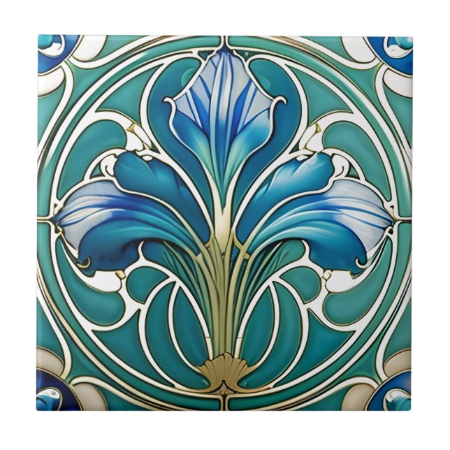 Carreau Art Nouveau Bleu Stylisé Lily 2 (Devant)