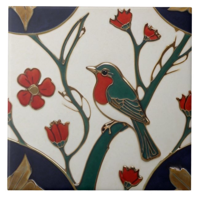 Carreau Art Nouveau Bluebird Rouge & Bleu Oiseau Art Déco (Devant)