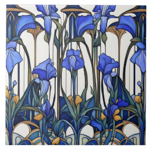 Carreau Art Nouveau Déco Fleur d'Iris Bleu & Blanc