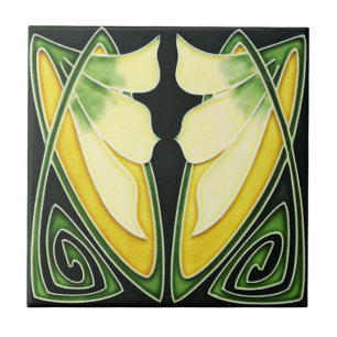 Carreau Art Nouveau en céramique Vert et jaune