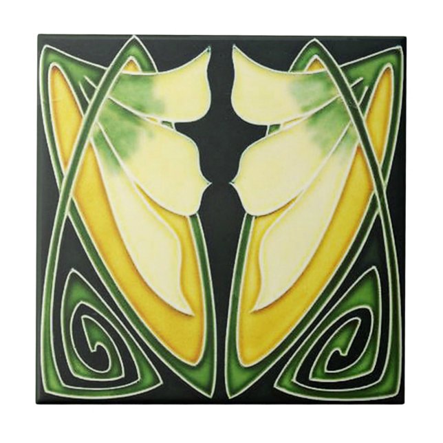 Carreau Art Nouveau en céramique Vert et jaune (Devant)
