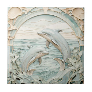 Carreau Art Nouveau Faux Relief Dolphins Mint Bleu & Blanc