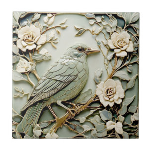 Carreau Art Nouveau Faux Relief Droite Blackbird Bird Mint