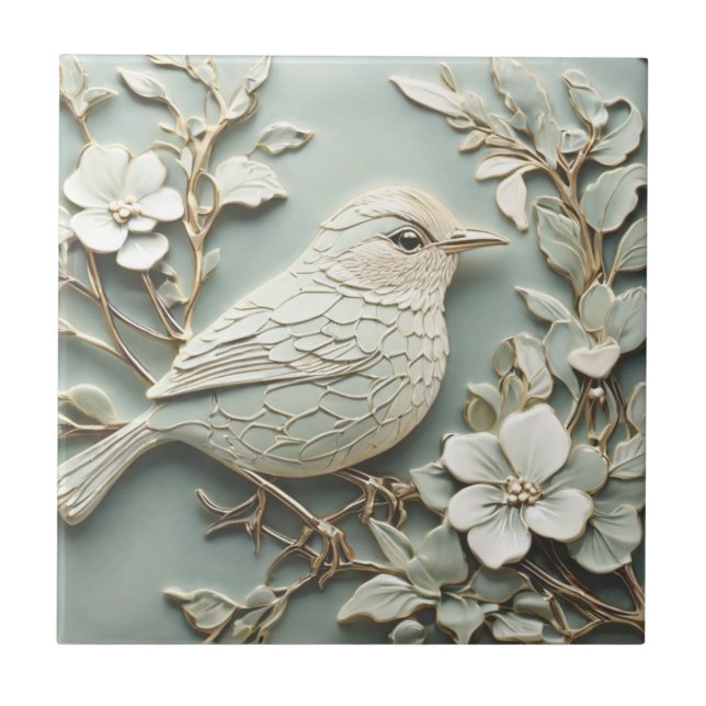 Carreau Art Nouveau Faux Relief Droite Wren Bird Mint (Devant)