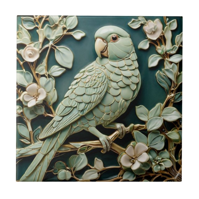 Carreau Art Nouveau Faux Relief L Parakeet Oiseau Vert Tur (Devant)