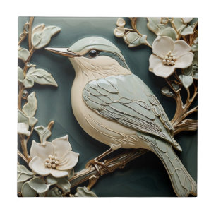 Carreau Art Nouveau Faux Relief Nuthatch Bird L Turquoise