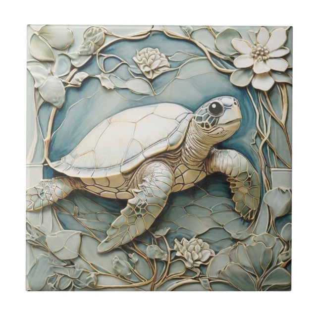 Carreau Art Nouveau Faux Relief Océan Tortue droite (Devant)