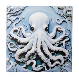 Carreau Art Nouveau Faux Relief Octopus - Bleu & Blanc