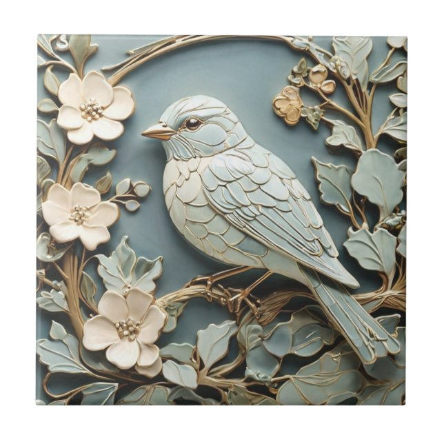Carreau Art Nouveau Faux Relief Oiseau bleuté à gauche fac (Devant)