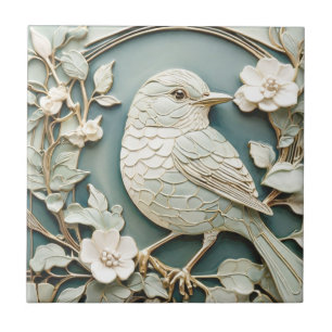 Carreau Art Nouveau Faux Relief Oiseaux Wren Antique Mint