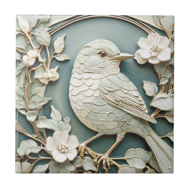 Carreau Art Nouveau Faux Relief Oiseaux Wren Antique Mint (Devant)