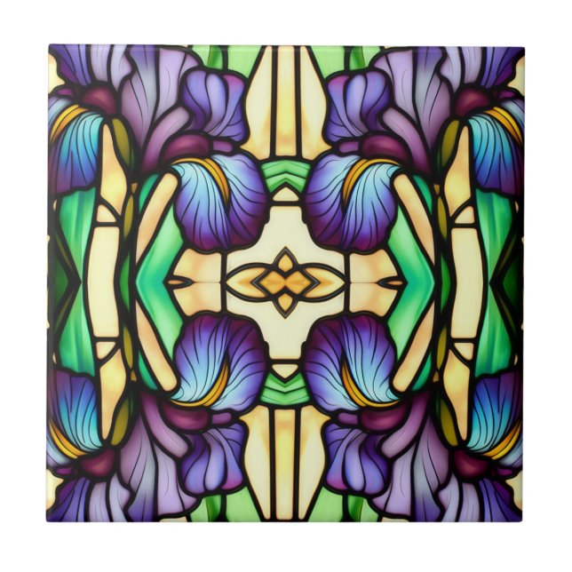 Carreau Art Nouveau Faux Vitrail Violet Iris Fleurs (Devant)