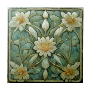 Carreau Art Nouveau, Floral Blanc Français, Beau Bleu,