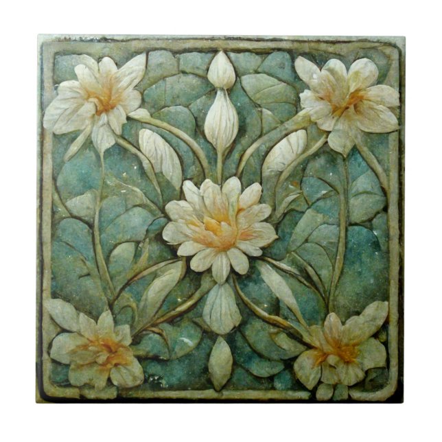 Carreau Art Nouveau, Floral Blanc Français, Beau Bleu, (Devant)