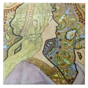 Carreau Art Nouveau Floral Femme Mucha French Green Daisy
