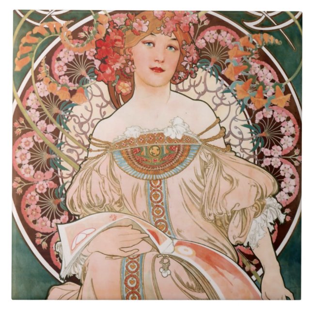 Carreau Art Nouveau Floral Femme Mucha Vert français (Devant)