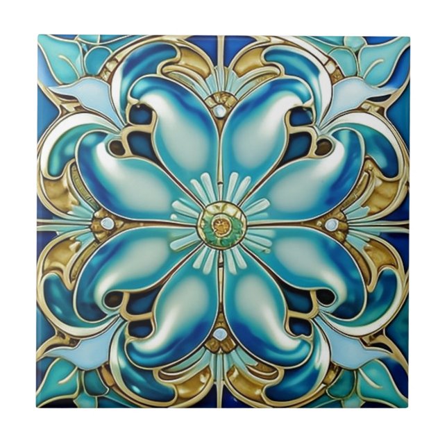 Carreau Art Nouveau Gold Aqua Bleu Géométrique (Devant)