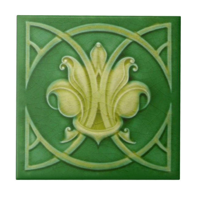 Carreau Art Nouveau Gothique Vert Fleur de Lis Repro Tile (Devant)