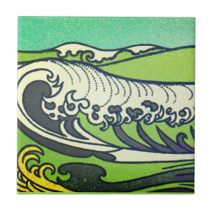 Carreau Art Nouveau Green Sea Waves 1