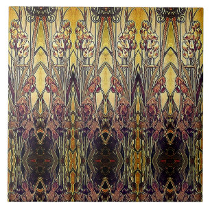 Carreau Art nouveau iris motif or bronze rouge élégant