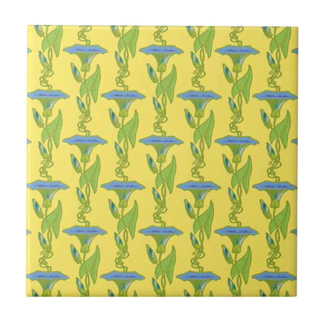 Carreau Art Nouveau jaune Ipomoea papier peint fleuri damé (Devant)
