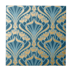 Carreau Art Nouveau, or, turquoise, damas, floral, motif, 