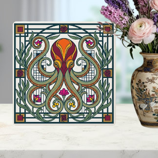 Carreau Art Nouveau Pieuvre Orange Bourgogne Vert Floral D