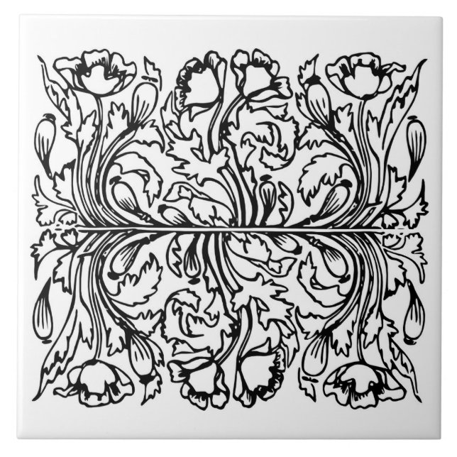 Carreau Art nouveau poppy floral noir blanc élégant (Devant)