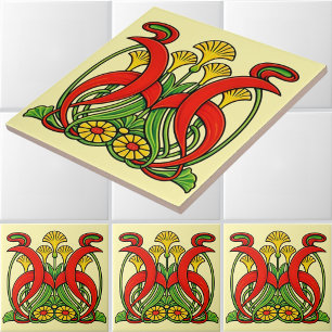Carreau Art Nouveau rétro 1902 Frise de feuillage floral