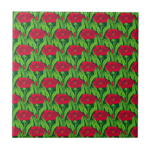 Carreau Art Nouveau rouge oeillets damas floral