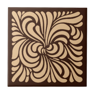 Carreau Art Nouveau Stylisé Feuille, Tan et Dark Brown
