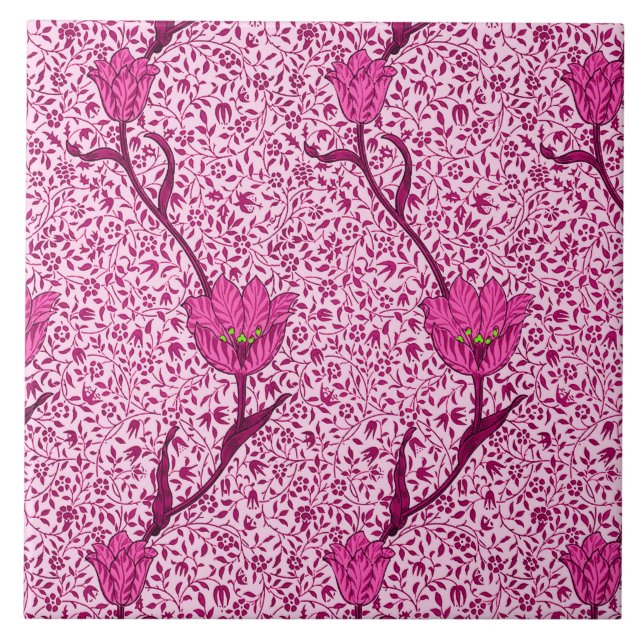 Carreau Art Nouveau Tulipe Damas, Vin et Fuchsia Rose (Devant)