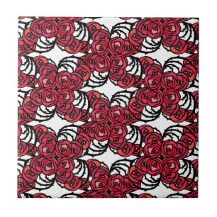 Carreau Art Nouveau Vignes florales rouges et noires roses