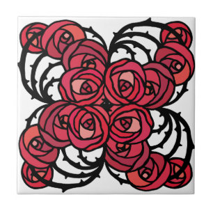 Carreau Art Nouveau Vignes florales rouges et noires roses