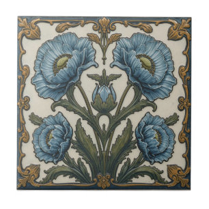 Carreau Art Nouveau Vintage Coquelicots Bleus  Floral 