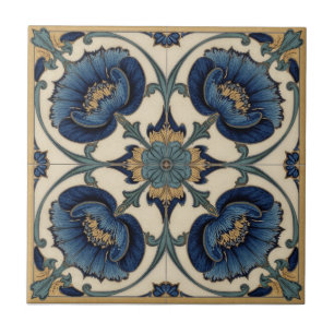 Carreau Art Nouveau Vintage Coquelicots Bleus Floral 
