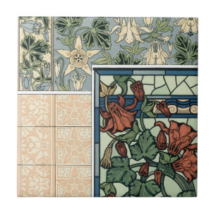 Carreau Art Nouveau vintage, fleurs de Colombine Aquilegia