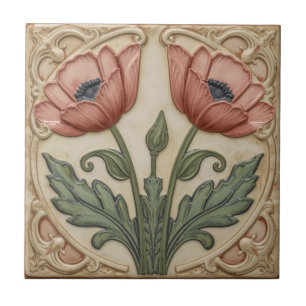 Carreau Art Nouveau vintage floral Coquelicots roses