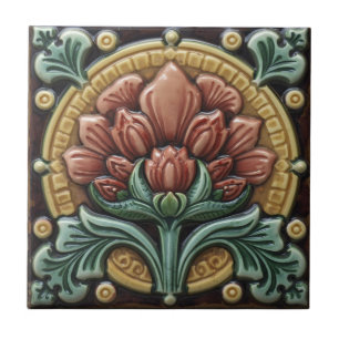 Carreau Art Nouveau Vintage Majolique Floral Artisanat