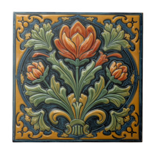 Carreau Art Nouveau vintage majolique florale artisanale