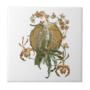 Carreau Art Nouveau vintage, oiseau cacatoès, fleurs d'orc