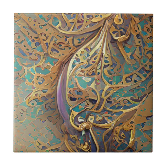 Carreau Art numérique géométrique en or arabesque turquois (Devant)