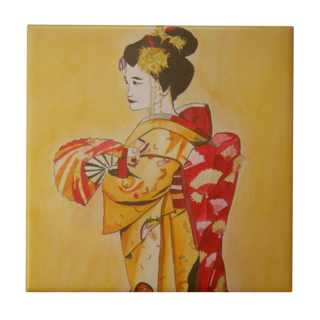 Carreau Art original d'aquarelle de kimono d'or de geisha (Devant)