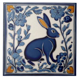 Carreau Art populaire bleu et blanc lapin