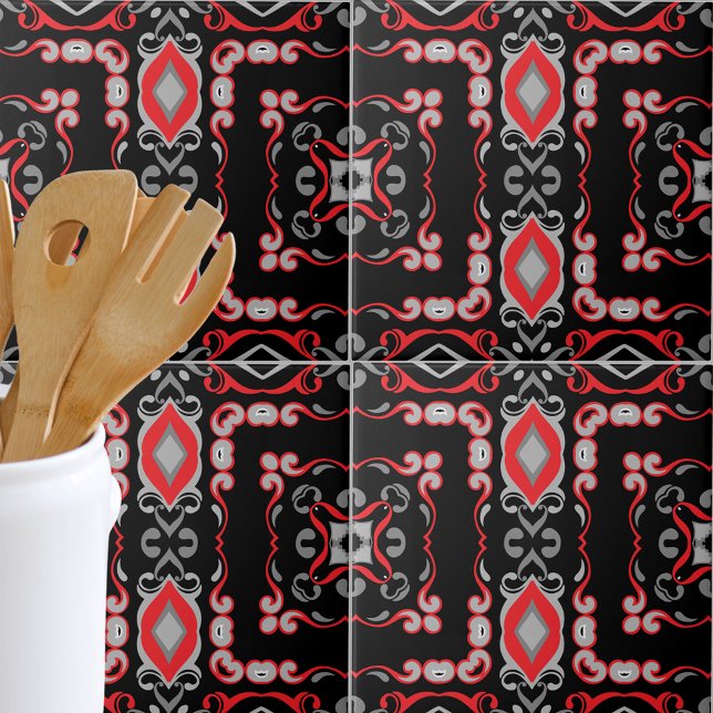 Carreau Art populaire Boho ethnique Mosaïque noire rouge g (Créateur téléchargé)