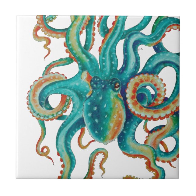 Carreau Art turquoise d'aquarelle de poulpe (Devant)