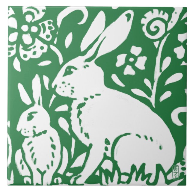 Carreau Artiste Style Lapin Lapin Émeraude Vert Floral (Devant)