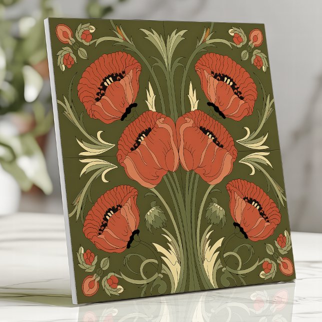 Carreau Arts et artisanat Flore de pavot sur vert olive (Créateur téléchargé)