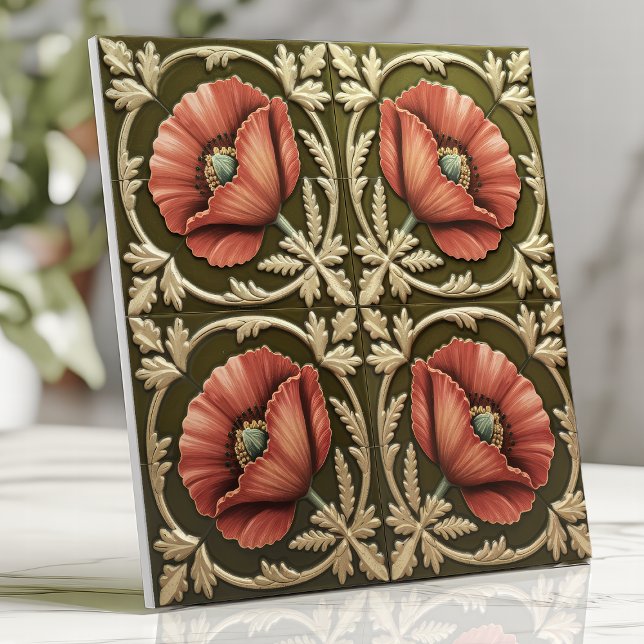 Carreau Arts et artisanat Pavot rouge et vert olive (Créateur téléchargé)